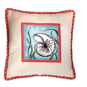 Handmade Needlepoint Nautilus Shell Throw Pillow 16x16 Nautical Coastal Decor